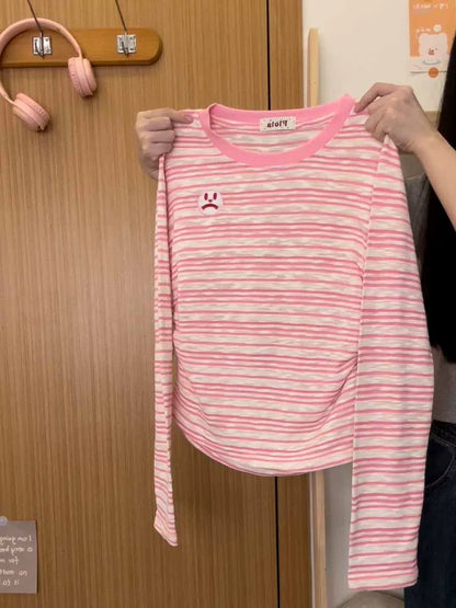 Cream Universe Embroidered Cartoon Striped Bottoming Shirt Long Sleeve T-Shirt Female Sweet Girl Small Blouse Top New Style