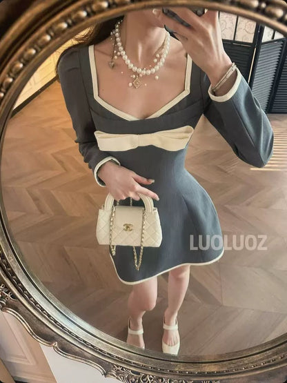 LUOLUOZ [Rosemary Autumn] French-style High-end Elegant Long-sleeved Waist-cinching Bow Short Dress