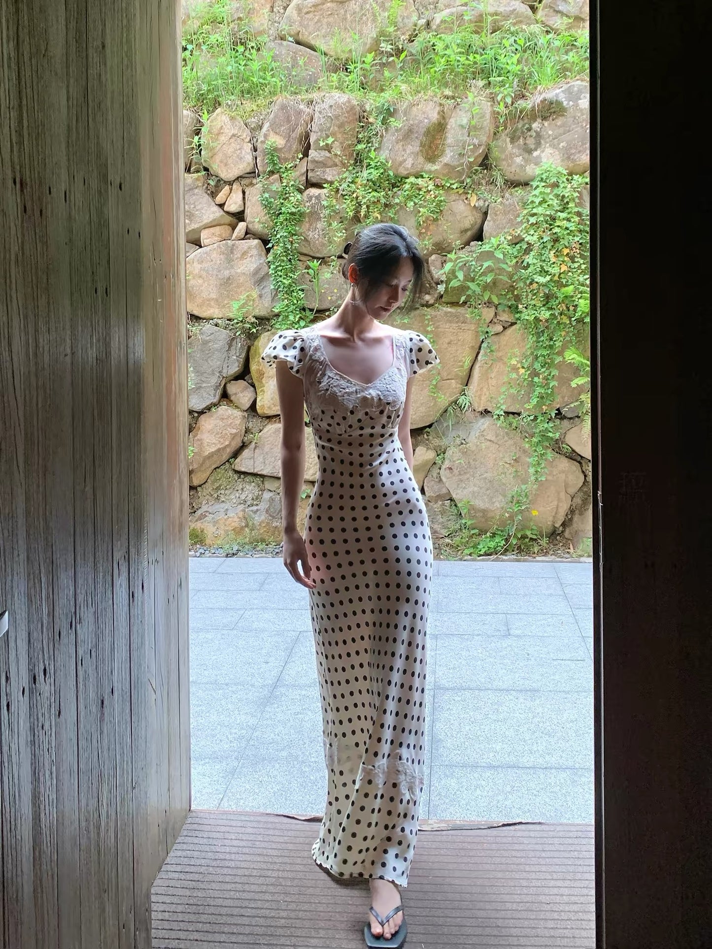 Summer Blue Rain SMBL RAIN Apricot Polka Dot Lace Patchwork Dress, Slimming Waist Dress, Long Dress for Women, Summer