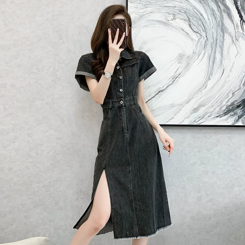 Chic and stunning waist-cinching temperament slit denim dress women's summer casual niche design polo collar mid-length skirt