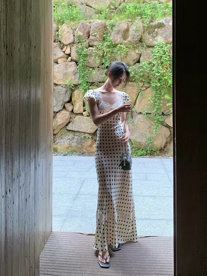 Summer Blue Rain SMBL RAIN Apricot Polka Dot Lace Patchwork Dress, Slimming Waist Dress, Long Dress for Women, Summer
