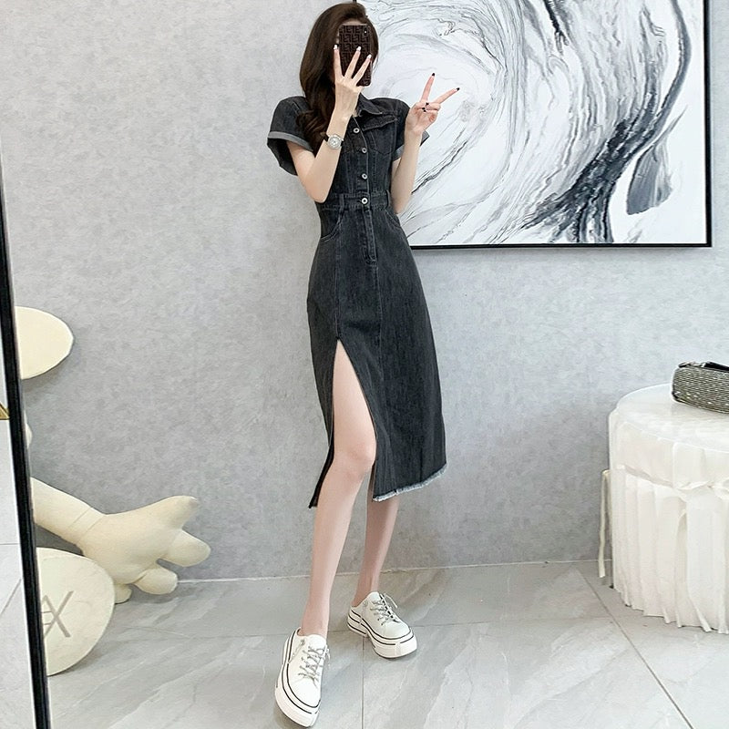 Chic and stunning waist-cinching temperament slit denim dress women's summer casual niche design polo collar mid-length skirt