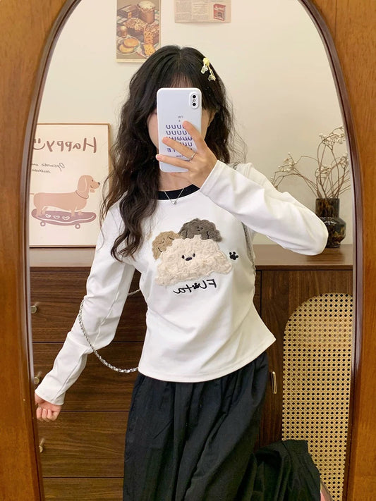 Cream Universe flocked dog white bottoming shirt long-sleeved T-shirt women's small slim inner top new style