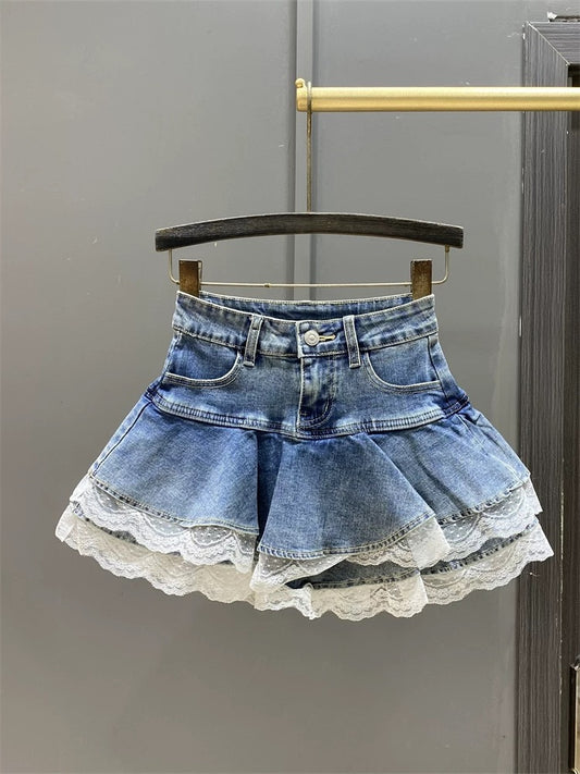 2025 Spring Women's Sweet Lace Pocket Splicing Denim Skirt Women's High Waist Puffy Cake Skirt