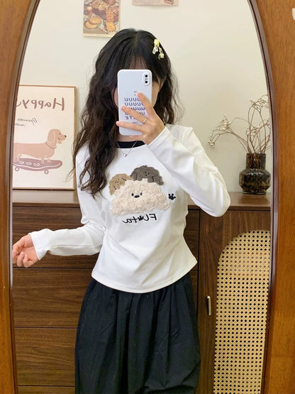 Cream Universe flocked dog white bottoming shirt long-sleeved T-shirt women's small slim inner top new style