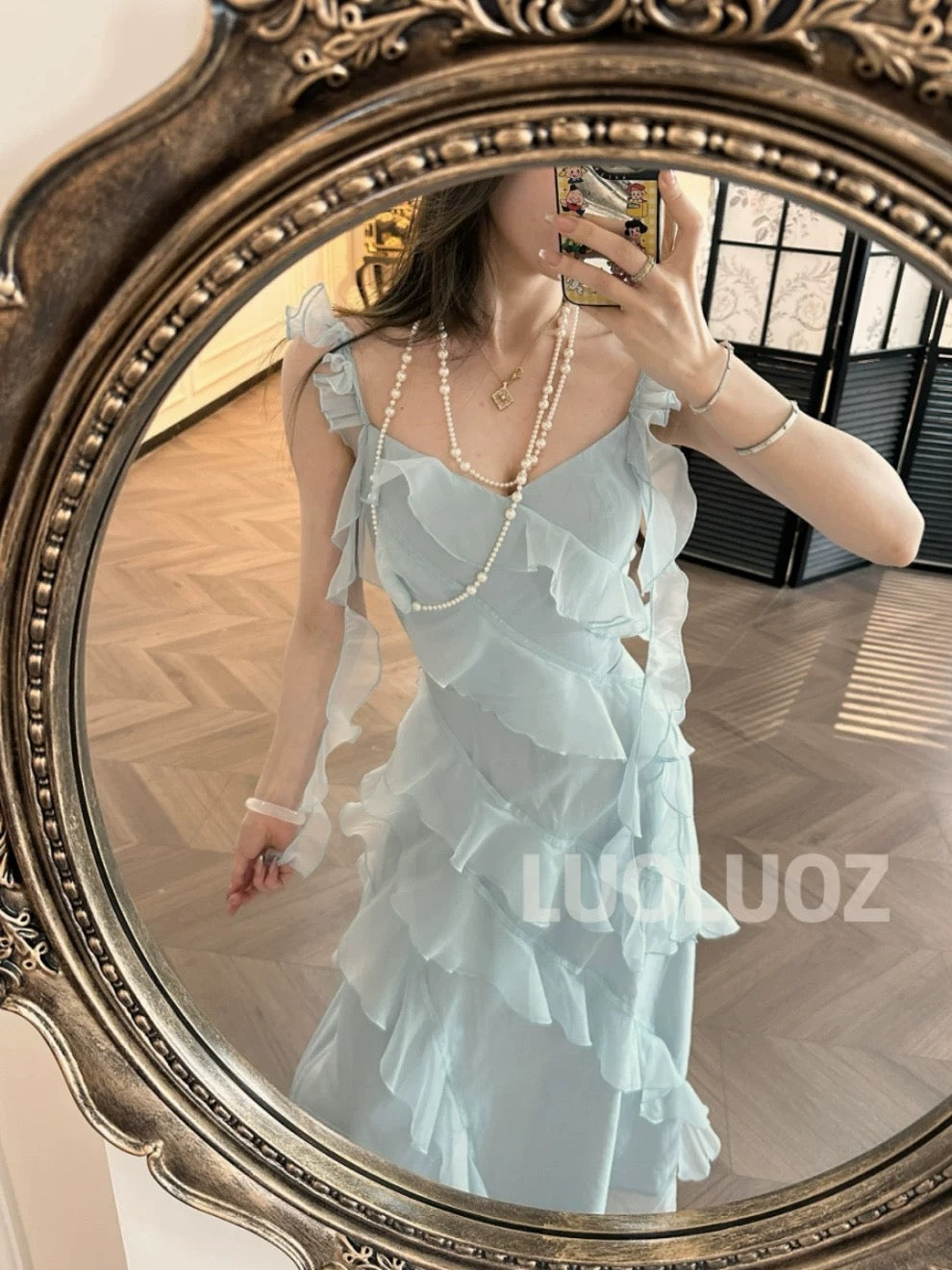 LUOLUOZ [West Coast Summer] Elegant Irregular Waist-Defining Long Dress JF703