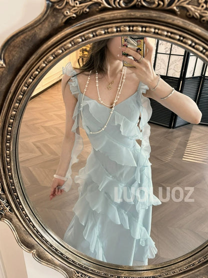 LUOLUOZ [West Coast Summer] Elegant Irregular Waist-Defining Long Dress JF703