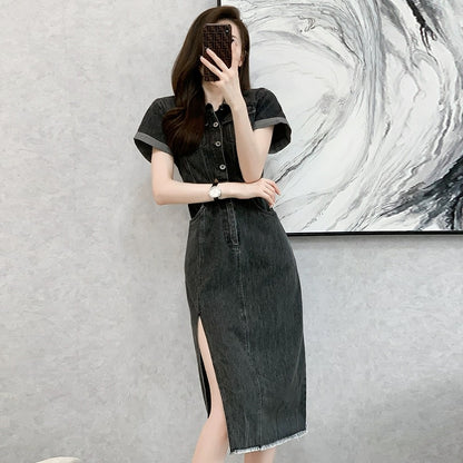 Chic and stunning waist-cinching temperament slit denim dress women's summer casual niche design polo collar mid-length skirt