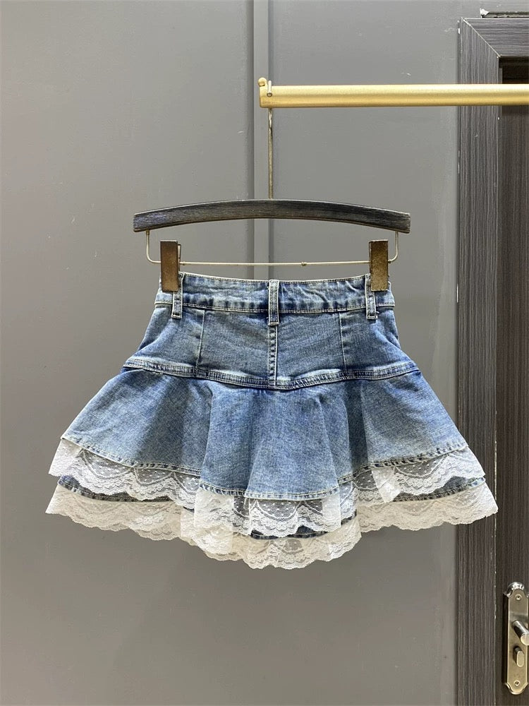 2025 Spring Women's Sweet Lace Pocket Splicing Denim Skirt Women's High Waist Puffy Cake Skirt