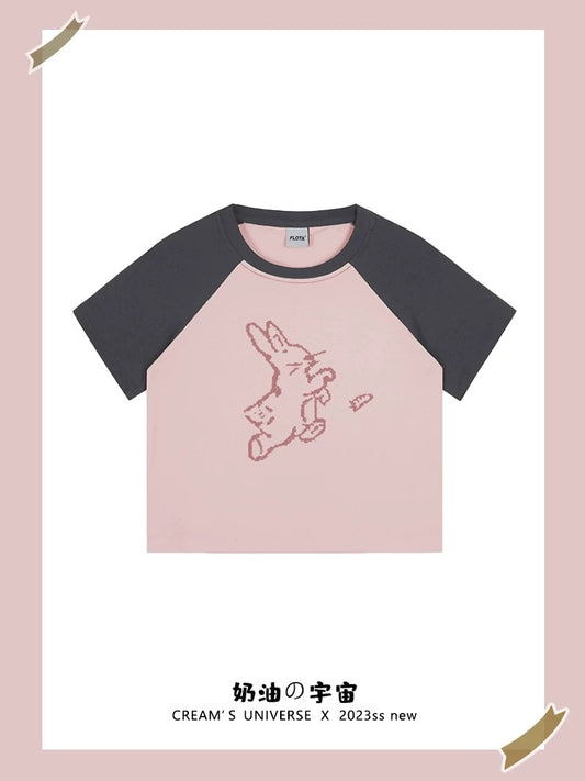 Cream Universe Rabbit Raglan Short Sleeve T-shirt Women's Japanese Style Small Navel Top 2025 New