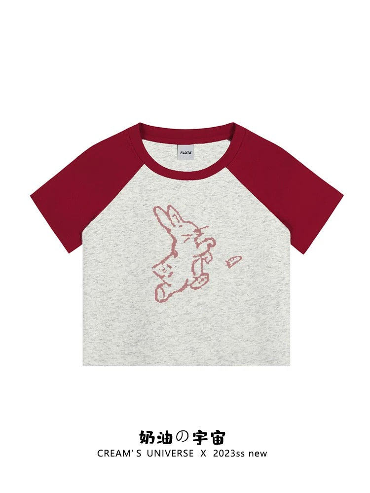 Cream Universe Rabbit Raglan Short Sleeve T-shirt Women's Japanese Style Small Navel Top 2025 New