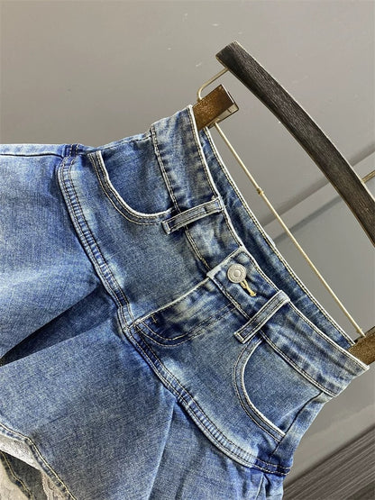 2025 Spring Women's Sweet Lace Pocket Splicing Denim Skirt Women's High Waist Puffy Cake Skirt