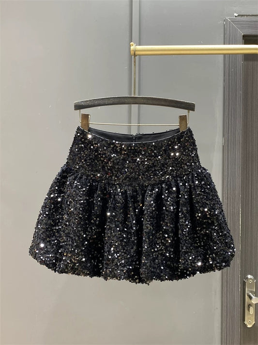 High-waisted flower bud skirt for women autumn and winter 2024 new niche design heavy industry sequined tutu skirt a-line short skirt