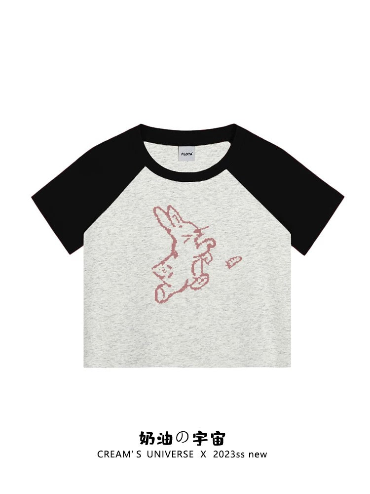 Cream Universe Rabbit Raglan Short Sleeve T-shirt Women's Japanese Style Small Navel Top 2025 New