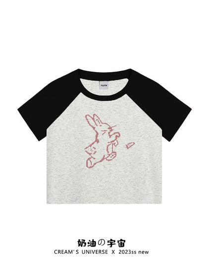 Cream Universe Rabbit Raglan Short Sleeve T-shirt Women's Japanese Style Small Navel Top 2025 New