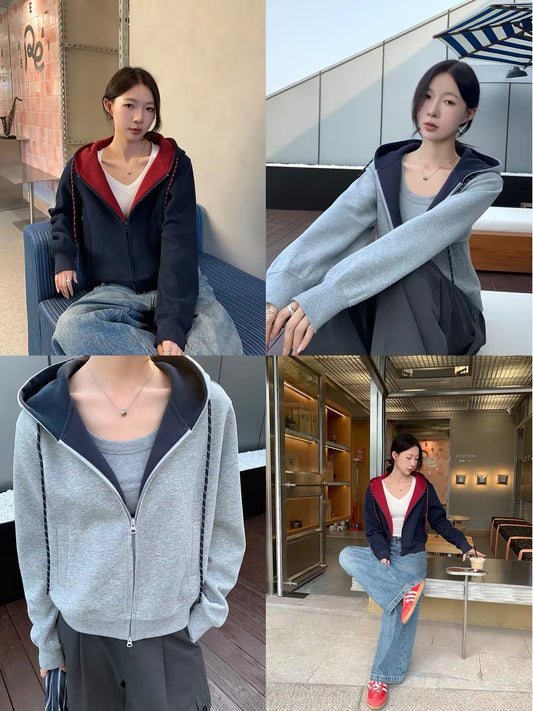 Hannam-dong Street Style" Korean-style hooded cardigan/sweatshirt jacket – Women's long-sleeve loose-fit top for autumn.