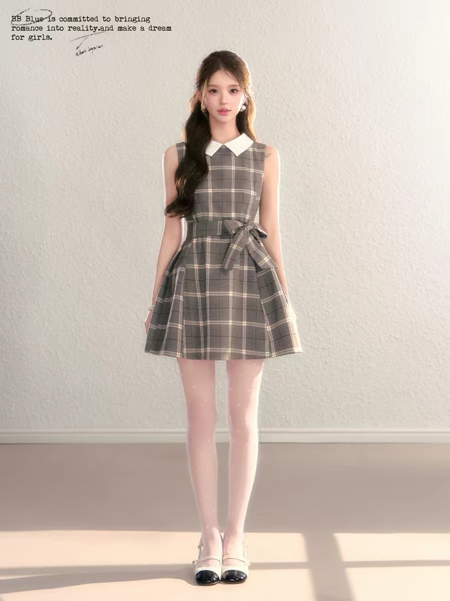 BBBLUE Original Design / Miss Plaid / Brown Plaid Everyday Commuter Dress for Women, High-End Vest Dress