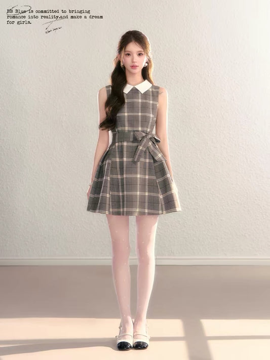 BBBLUE Original Design / Miss Plaid / Brown Plaid Everyday Commuter Dress for Women, High-End Vest Dress