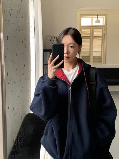 Hannam-dong Street Style" Korean-style hooded cardigan/sweatshirt jacket – Women's long-sleeve loose-fit top for autumn.