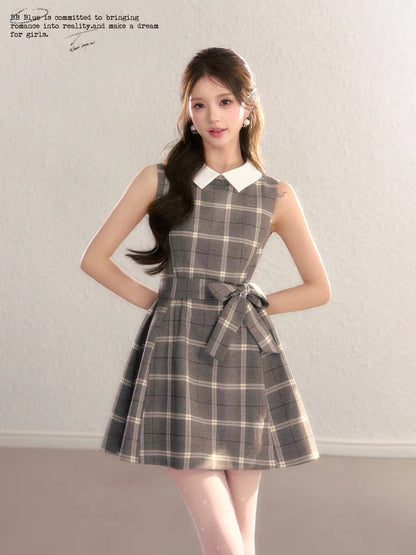 BBBLUE Original Design / Miss Plaid / Brown Plaid Everyday Commuter Dress for Women, High-End Vest Dress