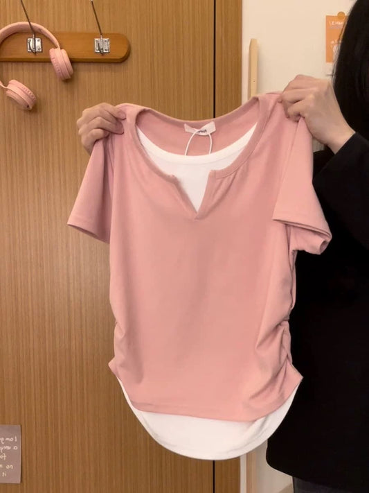 Cream Universe Designed Fake Two-piece Right Shoulder Short Sleeve T-Shirt Women's Japanese Style Waistless Short Top Summer New Style