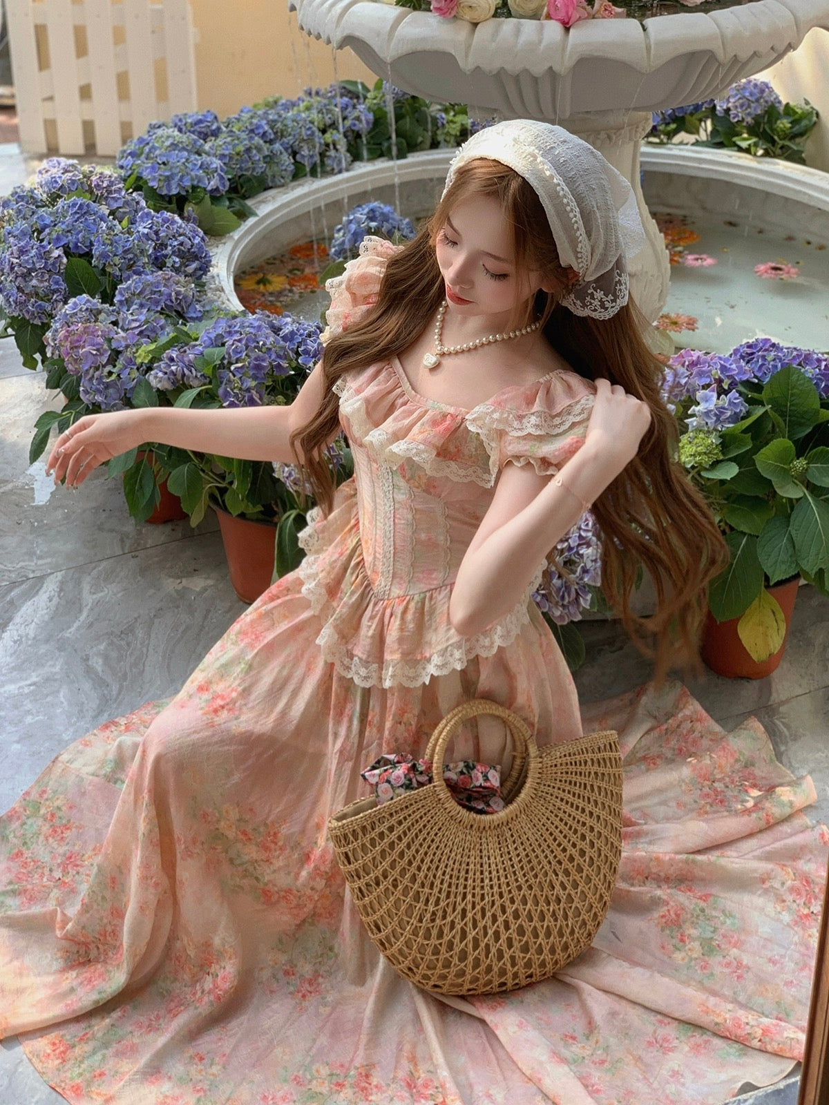 Bingbing is here丨【Morning Blossoms Picked Up at Dusk】French pure lust style lace floral skirt for girls high waist A-line dress
