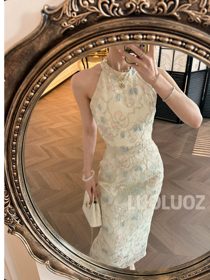 LUOLUOZ【Huayu Lakeside】High-End Elegance Heavy-Duty Luxury Sleeveless Waist-Slimming Goddess Dress CC099
