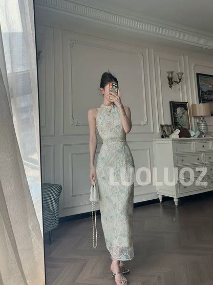 LUOLUOZ【Huayu Lakeside】High-End Elegance Heavy-Duty Luxury Sleeveless Waist-Slimming Goddess Dress CC099