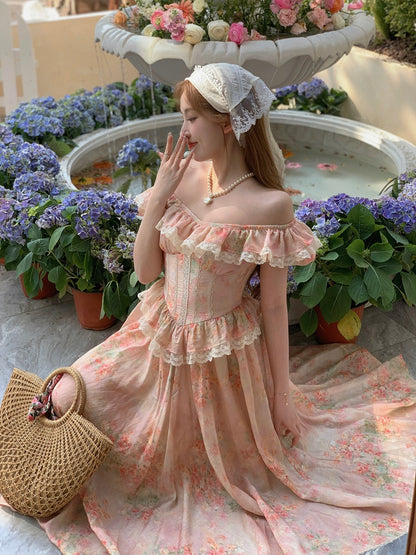 Bingbing is here丨【Morning Blossoms Picked Up at Dusk】French pure lust style lace floral skirt for girls high waist A-line dress