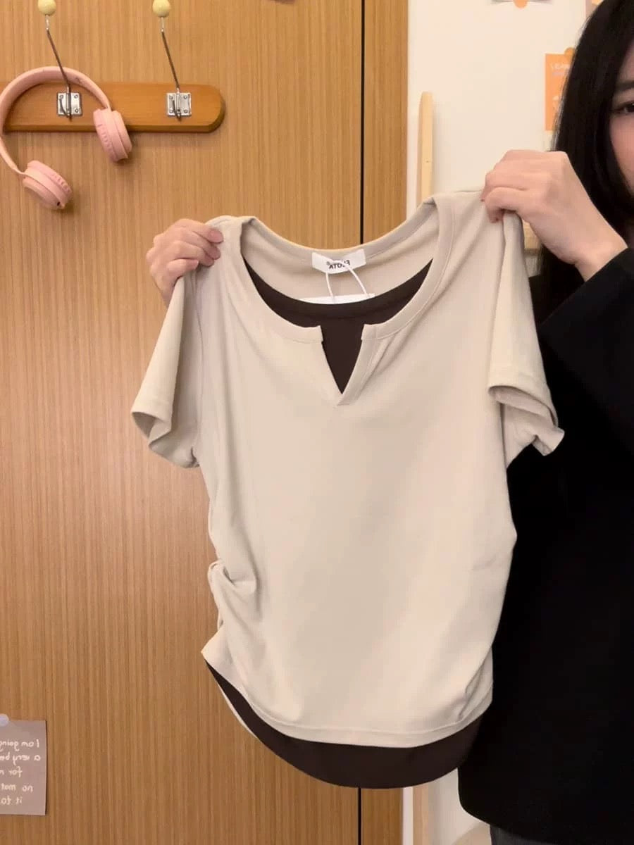 Cream Universe Designed Fake Two-piece Right Shoulder Short Sleeve T-Shirt Women's Japanese Style Waistless Short Top Summer New Style