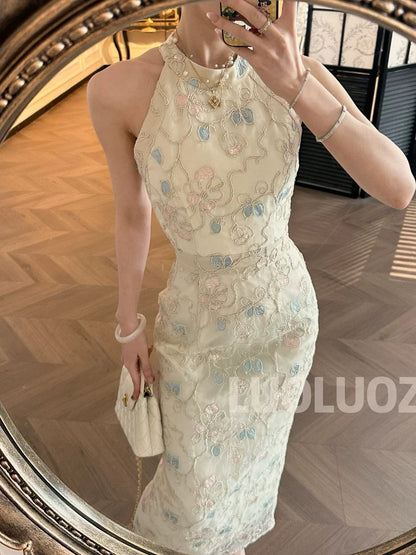 LUOLUOZ【Huayu Lakeside】High-End Elegance Heavy-Duty Luxury Sleeveless Waist-Slimming Goddess Dress CC099
