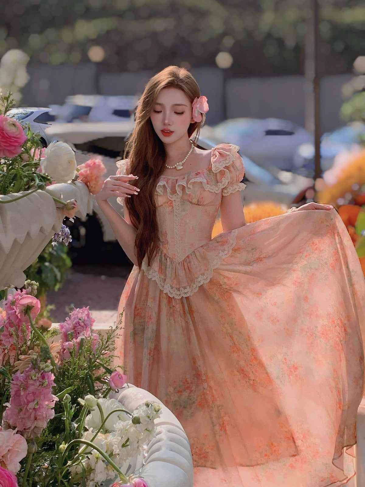 Bingbing is here丨【Morning Blossoms Picked Up at Dusk】French pure lust style lace floral skirt for girls high waist A-line dress