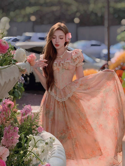 Bingbing is here丨【Morning Blossoms Picked Up at Dusk】French pure lust style lace floral skirt for girls high waist A-line dress