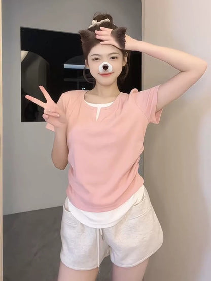 Cream Universe Designed Fake Two-piece Right Shoulder Short Sleeve T-Shirt Women's Japanese Style Waistless Short Top Summer New Style
