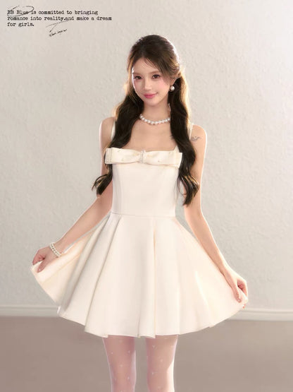 BBBLUE Original Design / Soft Satin Heiress / French Chic A-line Full Skirt Heiress Spaghetti Strap Dress