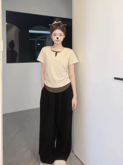 Cream Universe Designed Fake Two-piece Right Shoulder Short Sleeve T-Shirt Women's Japanese Style Waistless Short Top Summer New Style