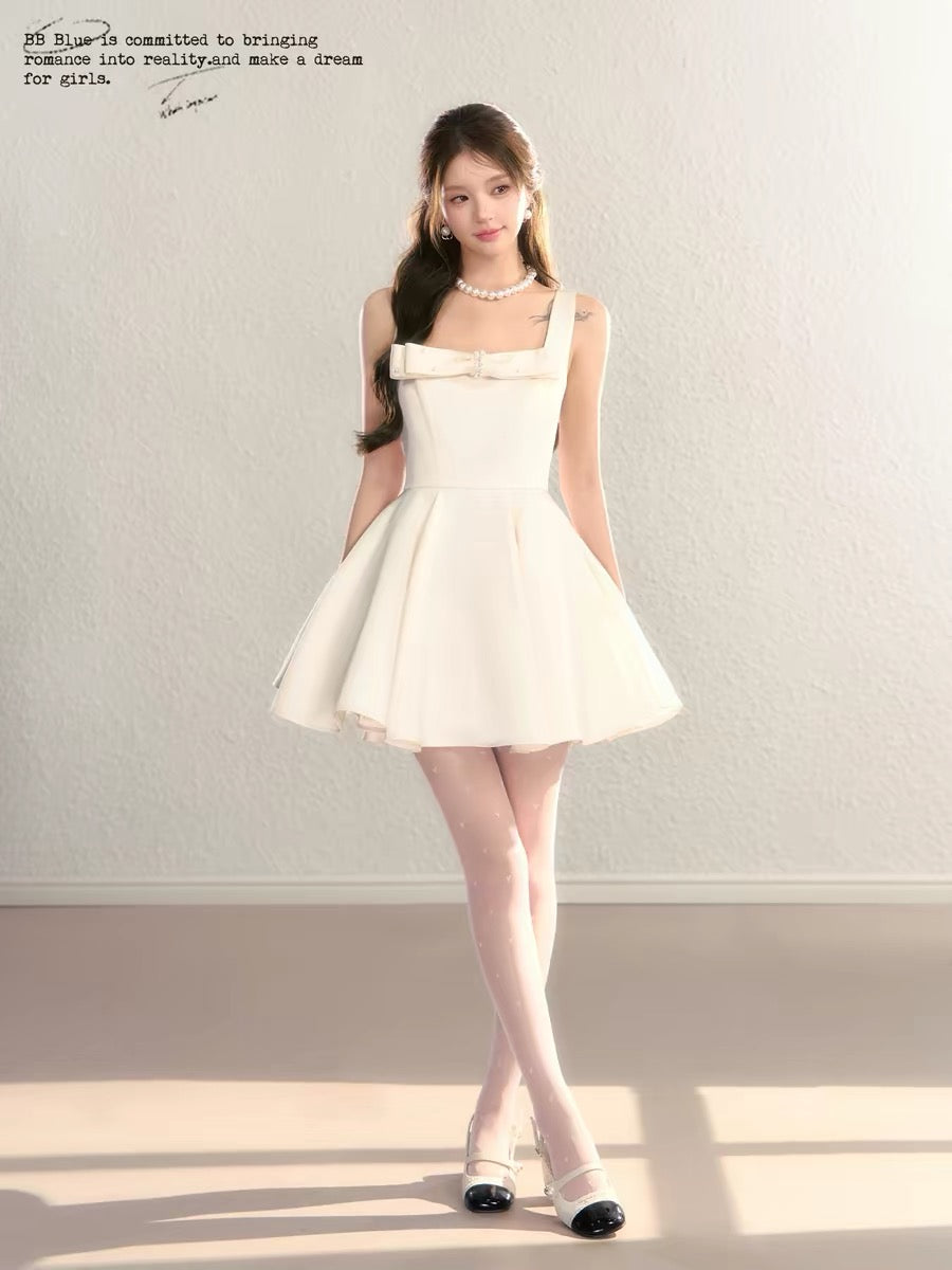 BBBLUE Original Design / Soft Satin Heiress / French Chic A-line Full Skirt Heiress Spaghetti Strap Dress