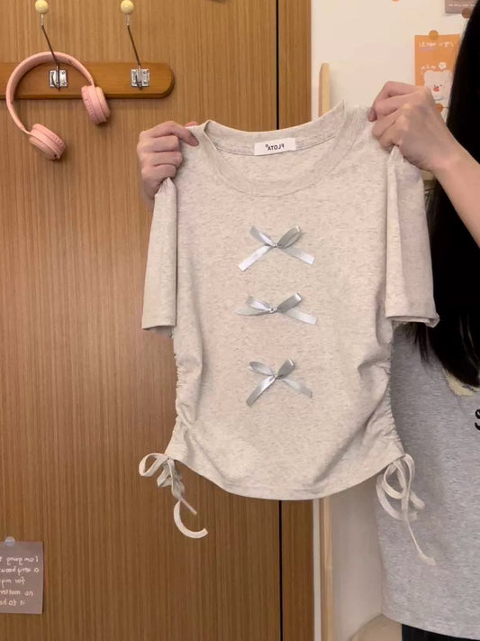 Cream Universe Designed Bow Strap Right Shoulder Short Sleeve T-Shirt Women's Japanese Ins Short Top New Style