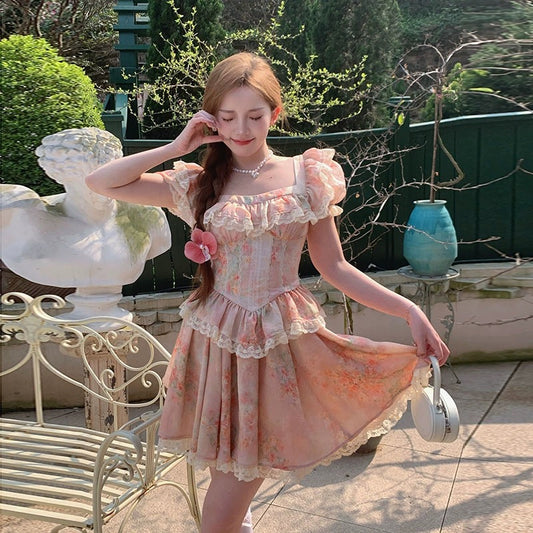 Bingbing is here丨【Morning Blossoms Picked Up at Dusk】French pure lust style lace floral skirt for girls high waist A-line dress