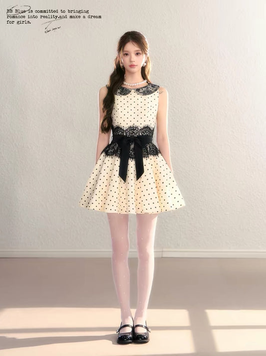 BBBLUE Original Design / Vintage Lace / Peter Pan Collar Sweet Vintage Lace Patchwork Polka Dot Dress