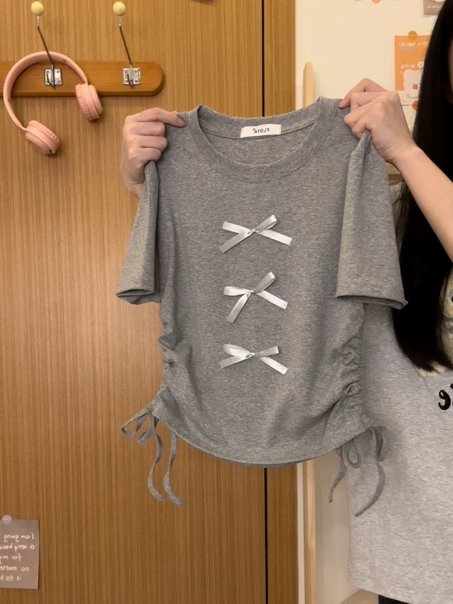 Cream Universe Designed Bow Strap Right Shoulder Short Sleeve T-Shirt Women's Japanese Ins Short Top New Style