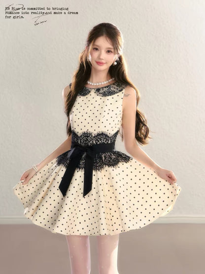 BBBLUE Original Design / Vintage Lace / Peter Pan Collar Sweet Vintage Lace Patchwork Polka Dot Dress