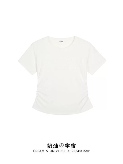 Cream Universe Three-dimensional letters burgundy right shoulder short-sleeved T-shirt women's retro waisted short top summer new style
