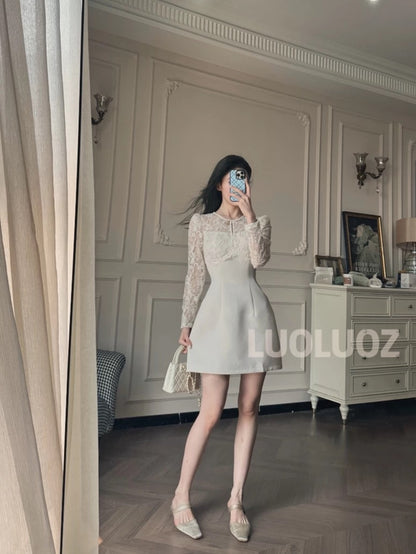 LUOLUOZ【Moonlight White Tea】Exquisite Lace Long-Sleeved Slim-Fit Short Dress jF995