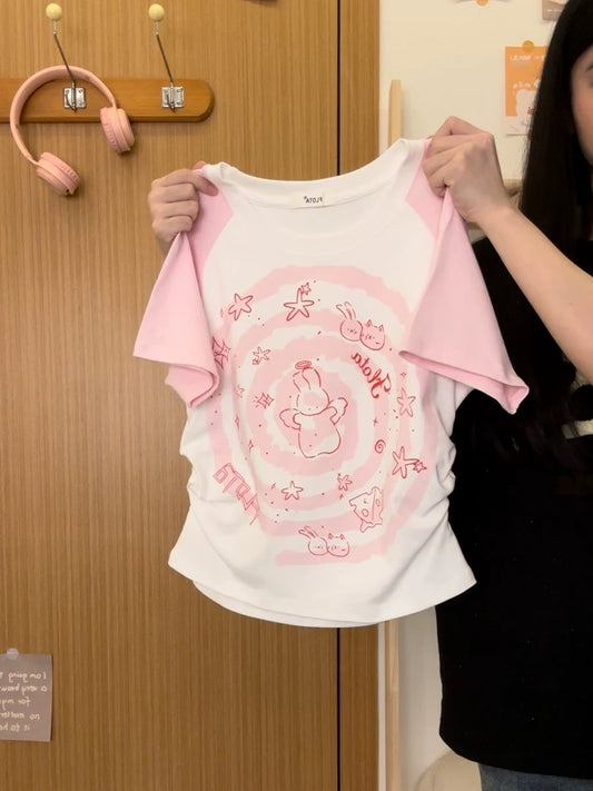 Cream Universe Graffiti Cartoon Rabbit Raglan Short Sleeve T-shirt Female Japanese Sweet Girl Short Top Summer New Style