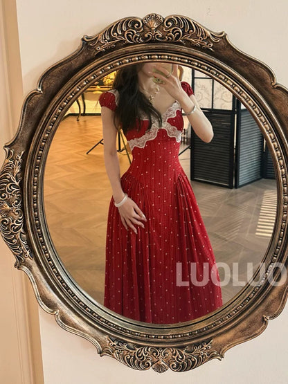 LUOLUOZ 【Burning Evening Clouds】High-End Elegant Color-Blocked Pleated Hem Long Dress JF711