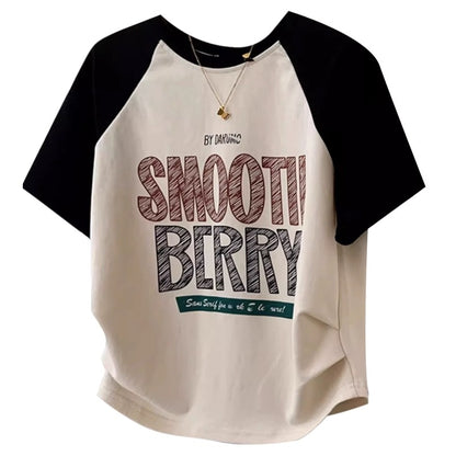 Cara CLUB large size fashionable spliced round neck short-sleeved right shoulder women's T-shirt summer design letter print top