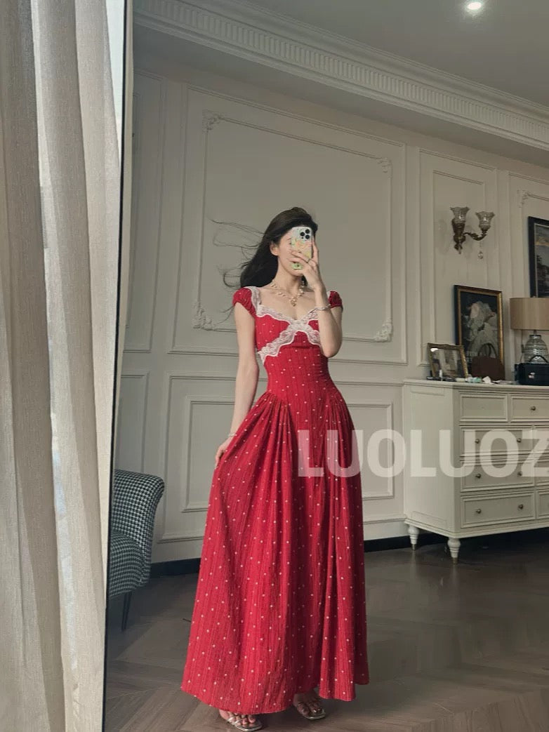 LUOLUOZ 【Burning Evening Clouds】High-End Elegant Color-Blocked Pleated Hem Long Dress JF711
