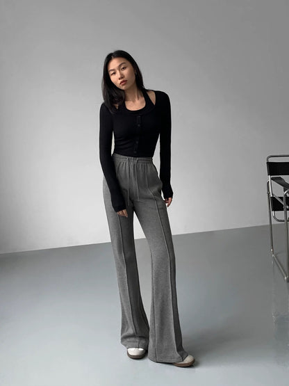 NEVA HU gray velvet micro-flare pants casual pants for women autumn and winter new high-waisted loose straight wide-leg trousers