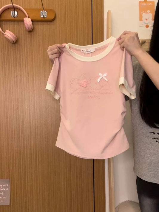 Creamy Universe Foam Love Rabbit Color Matching Right Shoulder Short Sleeve T-Shirt New Style Short Sleeve Top for Girls Sweet Girl Age Reduction